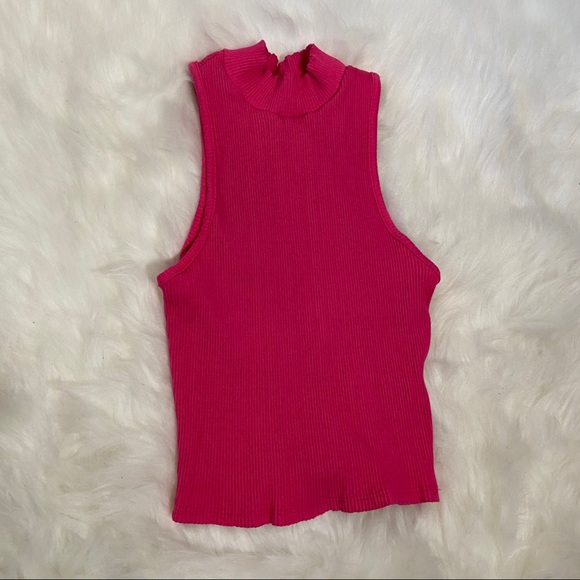 Shinestar Ribbed High Neck Crop Tank Top Pink - Picture 2 of 2